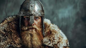 Medieval Viking warrior in helmet and fur captures the essence of Norse history and reenactment photo