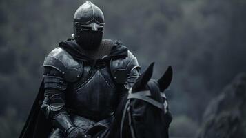 teutónico Caballero en lleno armadura con caballo en medio de un misterioso bosque ajuste foto