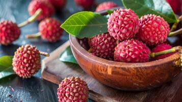 Fresh lychee fruit in a wooden bowl with tropical leaves, representing an exotic and delicious treat photo