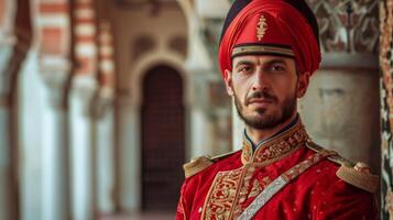 Janissary in Ottoman uniform with red fez and detailed embroidery poses seriously photo