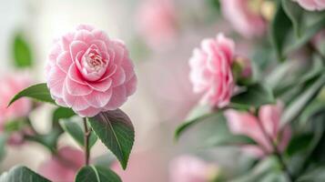 Pink Camellia blossom close-up highlighting petal details and blooming flora in nature. photo