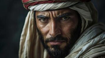 mameluco guerrero en histórico disfraz con intenso mirada y barba, masculino retrato mostrando profundidad de campo foto