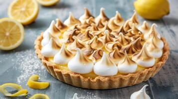 Lemon meringue pie dessert with sweet, tart citrus filling on a gourmet food pastry background photo