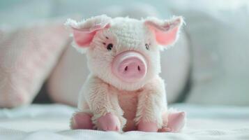 Cute pink plush pig toy with soft and fluffy texture sitting comfortably photo