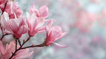 de cerca de rosado magnolia flores en lleno floración durante primavera con delicado pétalos y suave bokeh antecedentes foto