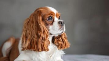 Cute Cavalier King Charles Spaniel dog with fluffy brown and white ears sitting attentively photo