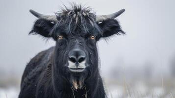 Yak portrait showcasing nature, wildlife, mammal characteristics with focus on fur and horns photo