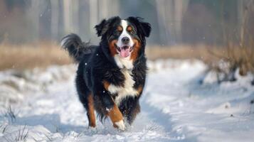 Bernese Mountain Dog running happily in the snow displaying energy and joy photo