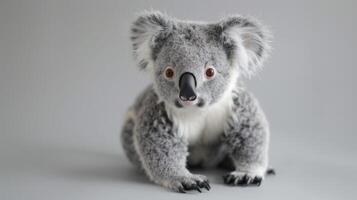 Close-up of a fluffy koala toy with plush gray fur and adorable animal features sitting isolated in a studio photo