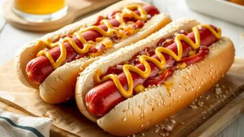 Gourmet hotdogs with mustard and ketchup on sesame bread as delicious fast-food option photo