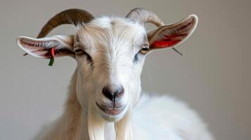 Close-up portrait of a white goat with curious eyes and tagged ears on a neutral background photo