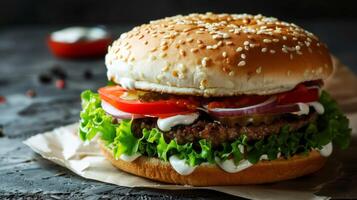Delicious burger with beef, tomato, lettuce, and cheese on a sesame bun for a gourmet fast-food meal photo
