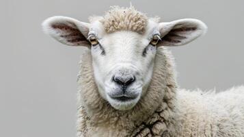 Close-up portrait of a sheep with wool fleece on a tranquil farm photo