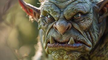 Close-up of an ogre with fantasy creature features, monster horns, mythical fangs, and detailed makeup. photo