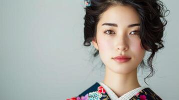 retrato de un japonés mujer en tradicional kimono exhibiendo belleza y elegancia foto