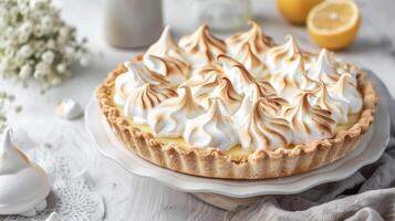 Lemon Meringue Pie with Sweet Citrus Tart and Baked Browned Meringue on Plate photo