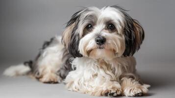 retrato de un lindo, mullido habanero perro acostado abajo con un atento expresión foto