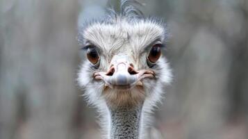 de cerca retrato de un avestruz con detallado plumas, ojos, y pico en un natural profundidad de campo ajuste foto