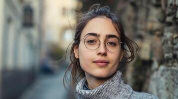 retrato de un italiano mujer vistiendo lentes y un suéter con un bokeh antecedentes foto