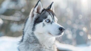 Siberian Husky dog with blue eyes in a winter snow portrait showing furry animal photo