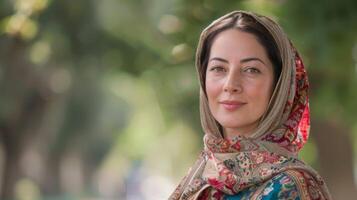 Iranian woman in traditional headscarf portrays beauty, elegance, and culture in a serene outdoor setting photo