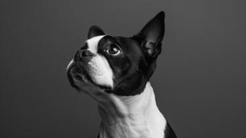 negro y blanco retrato de un bostón terrier perro en un estudio de cerca con un calma y vigilante expresión foto