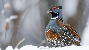 codorniz en nieve exhibiendo vibrante plumaje en medio de tranquilo fauna silvestre habitat foto