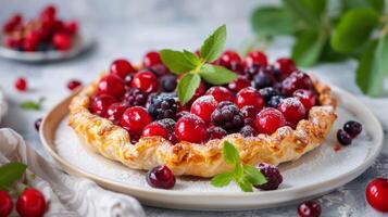 recién horneado galette coronado con bayas, postre delicadeza en un elegante plato foto