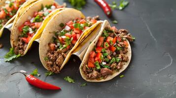 delicioso carne de vaca tacos con Fresco Tomates, cilantro, y picante pimientos, un sabroso mexicano cocina deleite foto