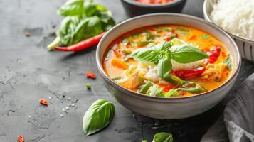 Delicious curry with rice, basil, chicken, and spicy coconut served in a bowl photo