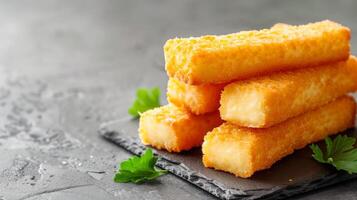 crujiente frito queso Mozzarella queso palos como un dorado aperitivo bocadillo foto