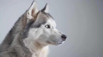 Siberian Husky portrait showcasing the dog's blue eyes and furry profile in a serene studio setting photo