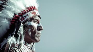 Sioux warrior profile with traditional headdress and feathers against blue sky photo