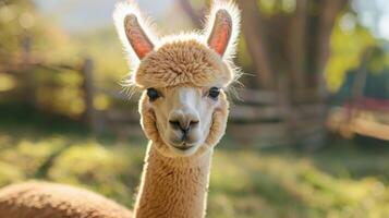 Alpaca portrait with cute brown and beige fur surrounded by nature and sunlight photo