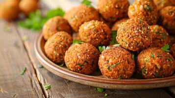 Close-up of fried falafel balls with herbs and sesame seeds on a plate photo