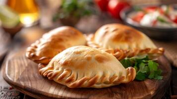 Delicious golden empanadas with savory filling presented on a traditional rustic wooden platter photo