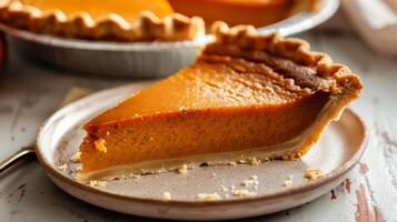 Pumpkin pie slice on a plate with a flaky crust perfect for autumn and Thanksgiving desserts photo