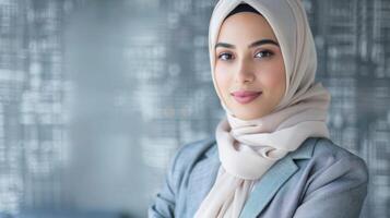 Portrait of a confident professional woman in hijab exuding business elegance and managerial poise photo