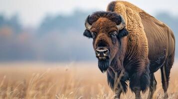 Bison in a grassland habitat with horns and fur on display and a focused gaze in a field photo