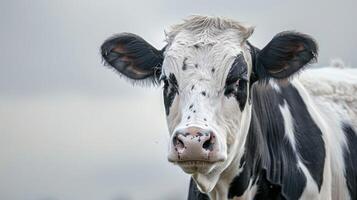 Close-up portrait of a serene cow with bovine features in a natural farm setting photo