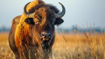 Buffalo in its natural habitat, a powerful wildlife scene with grassland, mammal, and nature elements photo