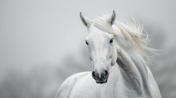 majestuoso de cerca retrato de un blanco caballo con un elegante melena demostración equino belleza y serenidad foto