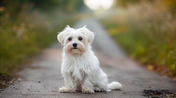 White Maltese dog sitting calmly on a pathway surrounded by nature in autumn photo