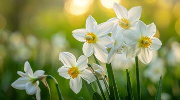 narcisos en floración demostración primavera belleza con blanco pétalos y amarillo polen en naturaleza foto