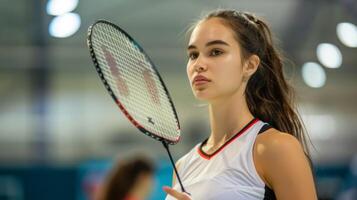 hembra atleta con bádminton raqueta en interior Corte muestra deporte, competencia, y activo aptitud foto