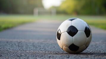 Soccer ball in close-up with goalpost and field in outdoor setting photo