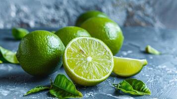 Lime citrus slice with fresh green leaf and juicy texture photo