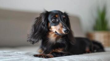 Portrait of a cute long-haired Dachshund lying indoors with a soft gaze photo