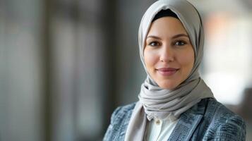 confidente profesional mujer financiero analista con hijab sonriente en un corporativo retrato foto