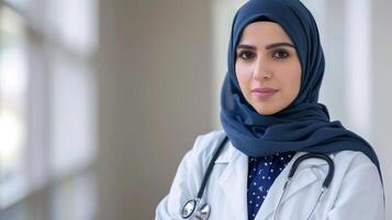 confidente hembra médico en hijab con estetoscopio retrata profesionalismo y cuidado de la salud compromiso foto